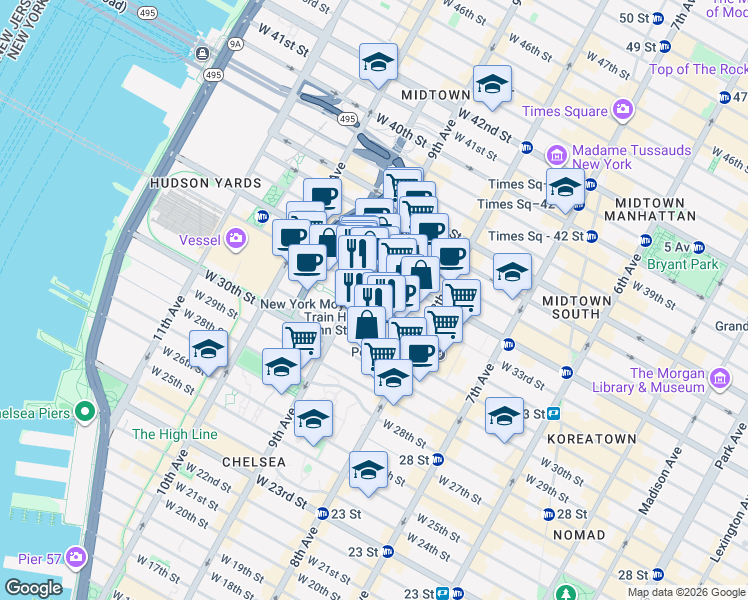 map of restaurants, bars, coffee shops, grocery stores, and more near 380 West 33rd Street in New York