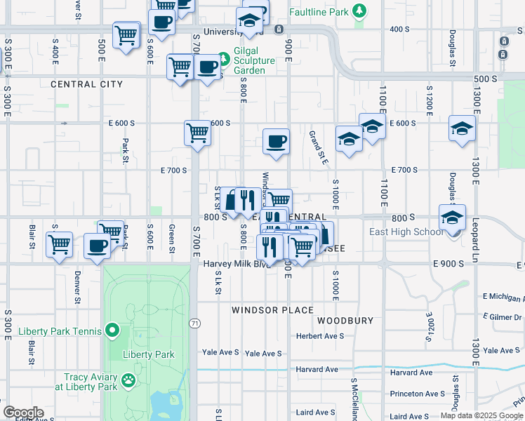 map of restaurants, bars, coffee shops, grocery stores, and more near 833 East 800 South in Salt Lake City