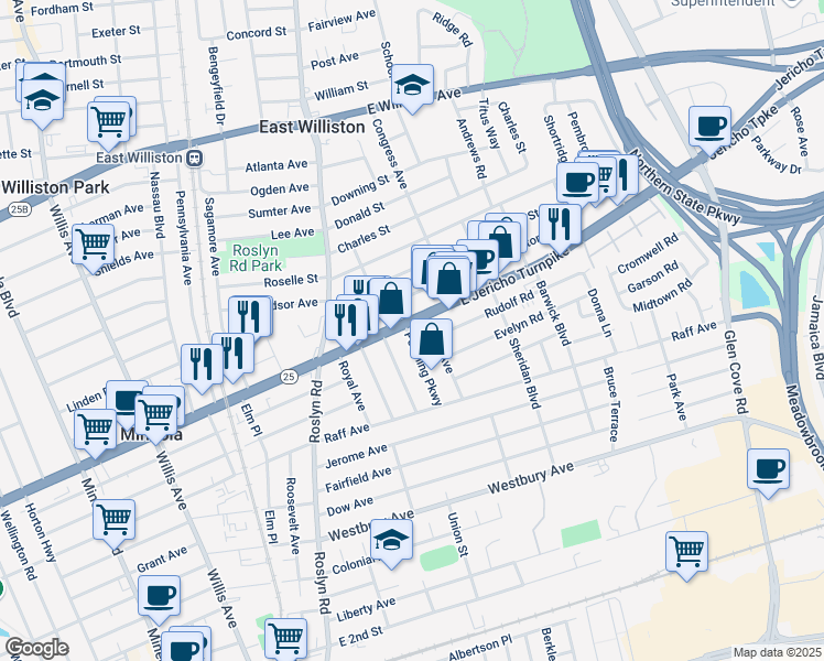 map of restaurants, bars, coffee shops, grocery stores, and more near 259 Frank Avenue in Mineola