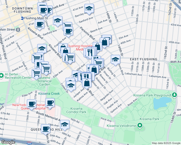 map of restaurants, bars, coffee shops, grocery stores, and more near 4556 Robinson Street in Queens