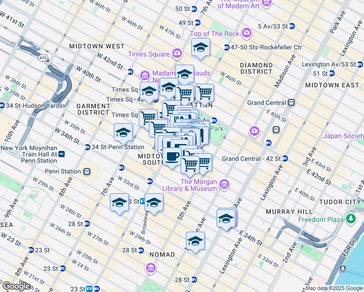 map of restaurants, bars, coffee shops, grocery stores, and more near 32 West 38th Street in Brooklyn