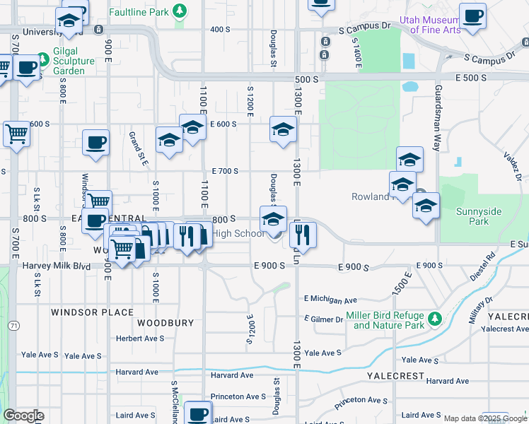 map of restaurants, bars, coffee shops, grocery stores, and more near 1221 East 800 South in Salt Lake City