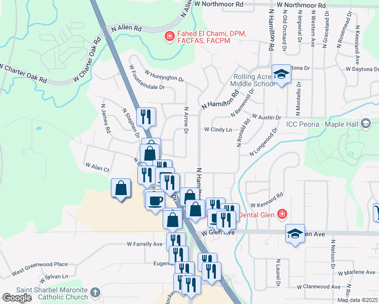 map of restaurants, bars, coffee shops, grocery stores, and more near 5312 North Arrow Drive in Peoria