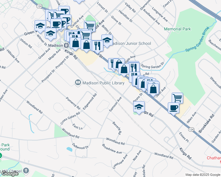 map of restaurants, bars, coffee shops, grocery stores, and more near 139 Kings Road in Madison