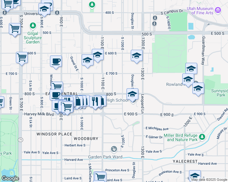 map of restaurants, bars, coffee shops, grocery stores, and more near 1145 800 South in Salt Lake City