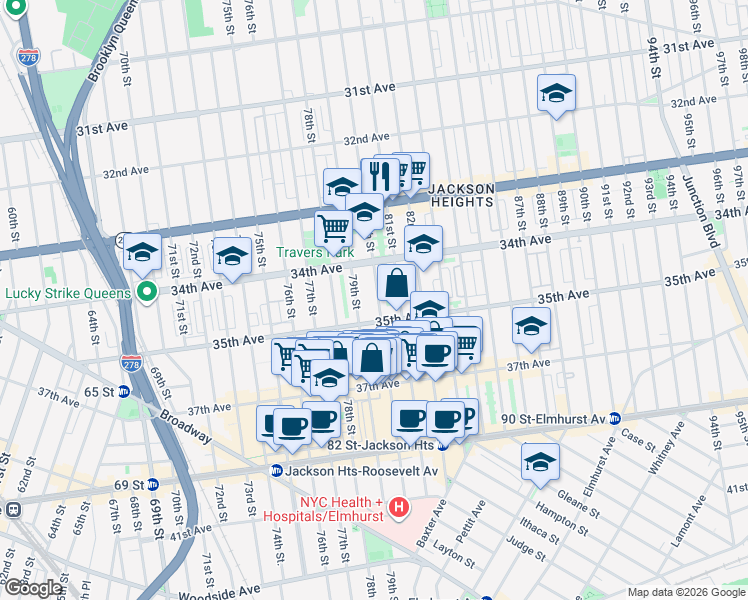 map of restaurants, bars, coffee shops, grocery stores, and more near in Queens