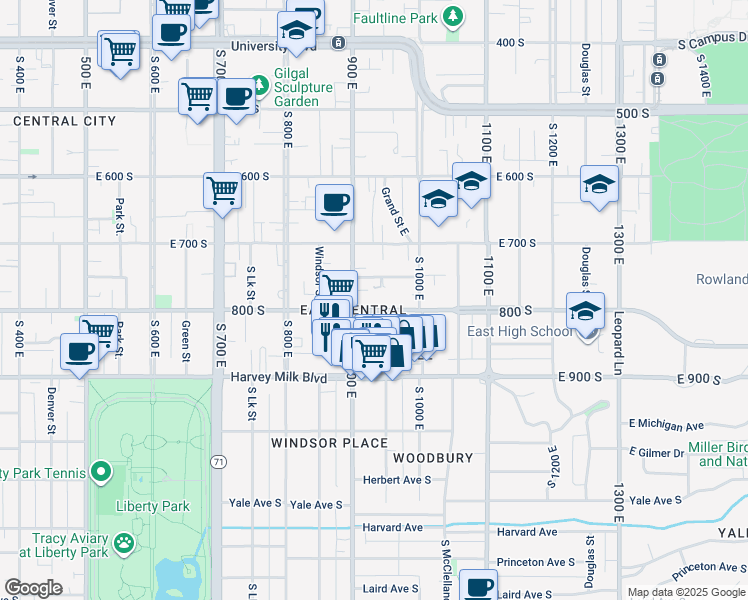 map of restaurants, bars, coffee shops, grocery stores, and more near 921 East 800 South in Salt Lake City