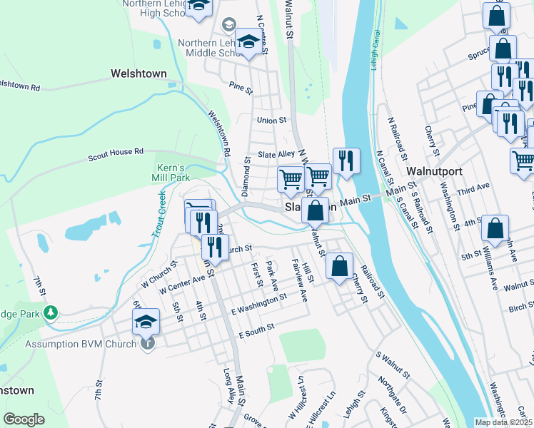 map of restaurants, bars, coffee shops, grocery stores, and more near 321 Main Street in Slatington