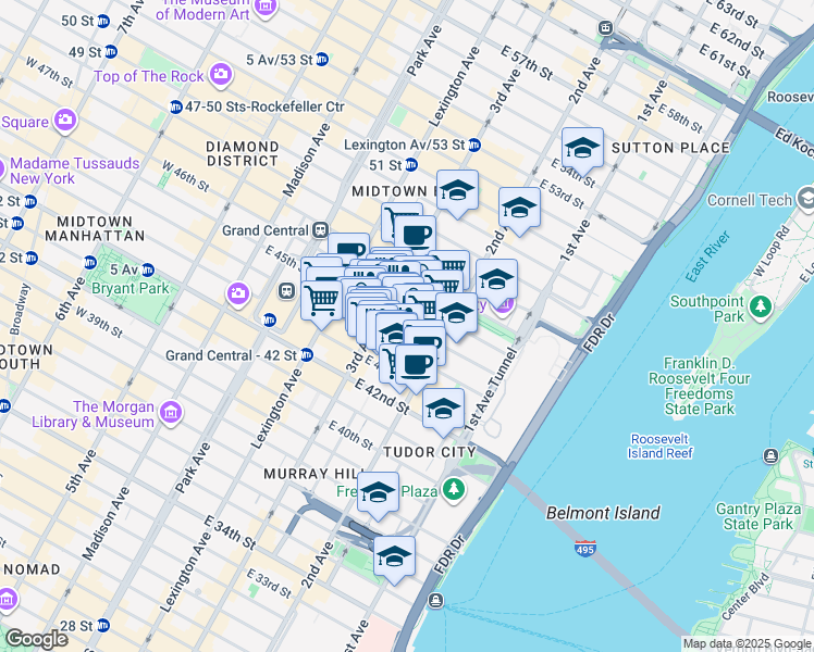 map of restaurants, bars, coffee shops, grocery stores, and more near 225 East 45th Street in New York