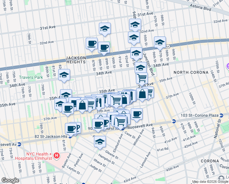 map of restaurants, bars, coffee shops, grocery stores, and more near 35-15 89th Street in Queens