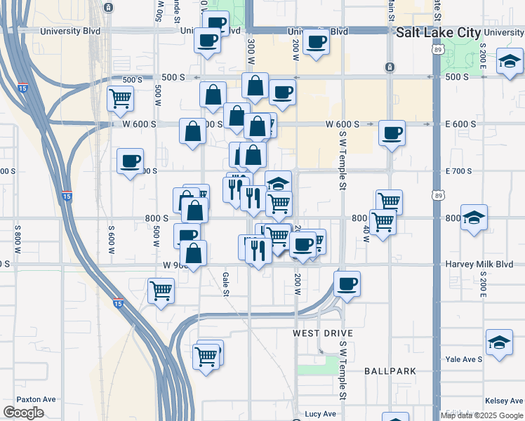 map of restaurants, bars, coffee shops, grocery stores, and more near in Salt Lake City