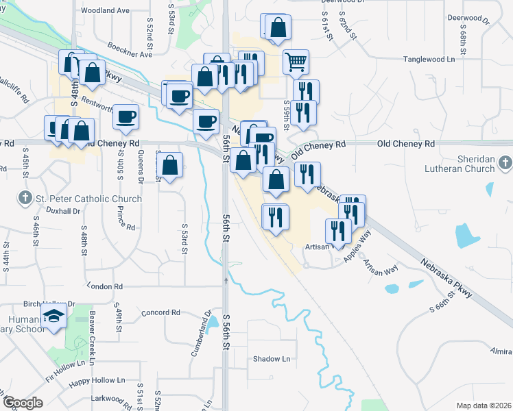 map of restaurants, bars, coffee shops, grocery stores, and more near 5931 South 58th Street in Lincoln
