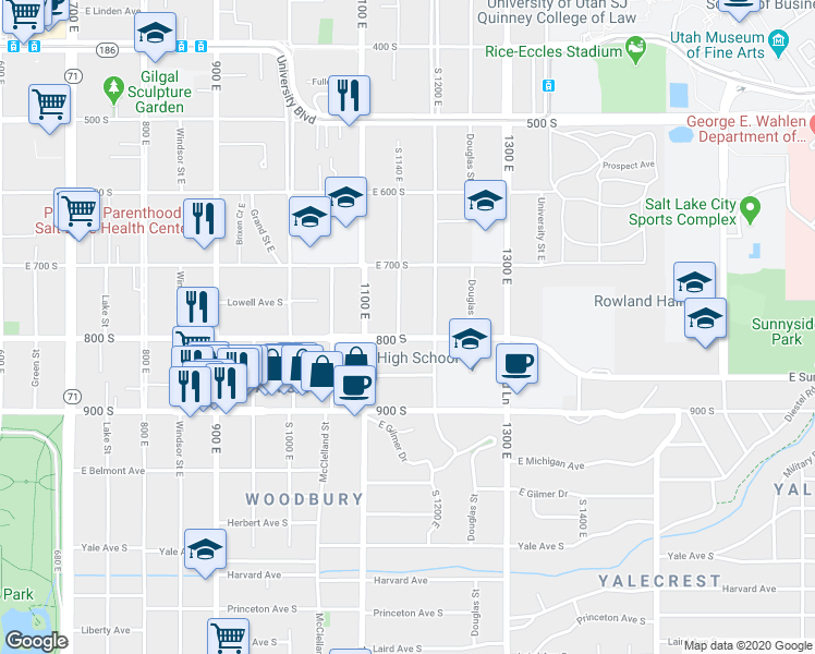 map of restaurants, bars, coffee shops, grocery stores, and more near 1145 800 South in Salt Lake City