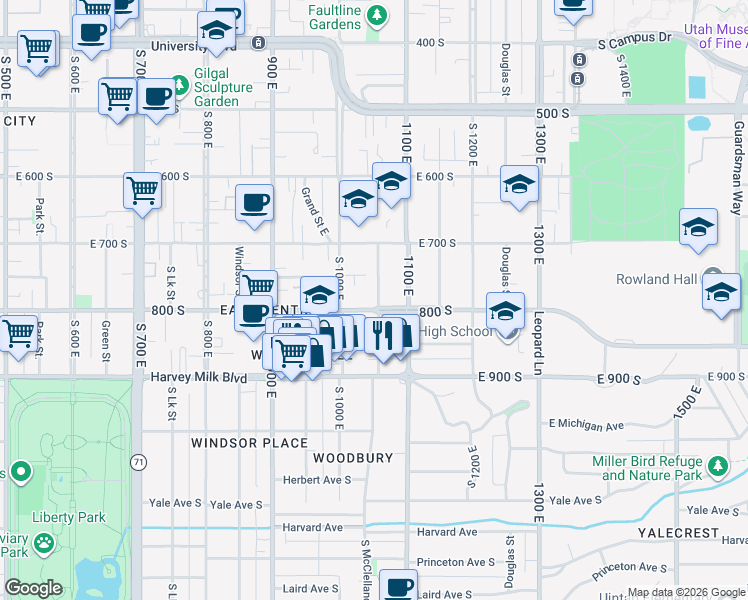 map of restaurants, bars, coffee shops, grocery stores, and more near 772 McClelland Street in Salt Lake City