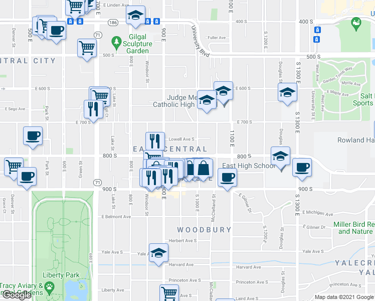 map of restaurants, bars, coffee shops, grocery stores, and more near 804 Lincoln Street in Salt Lake City