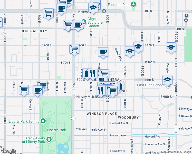 map of restaurants, bars, coffee shops, grocery stores, and more near 833 East 800 South in Salt Lake City
