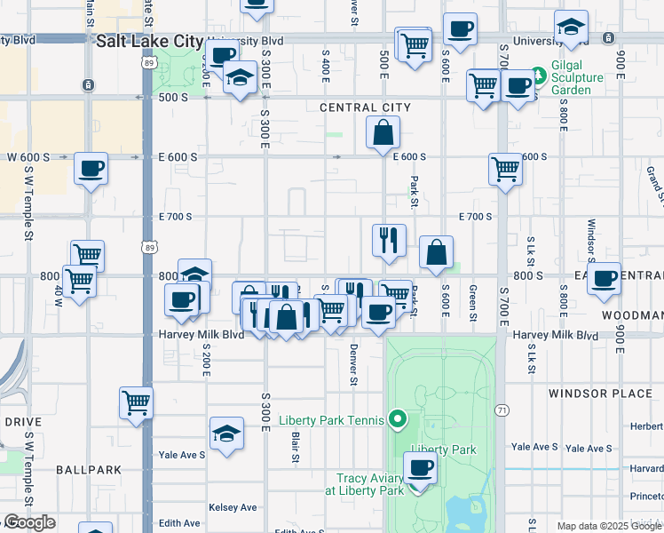 map of restaurants, bars, coffee shops, grocery stores, and more near 409 800 South in Salt Lake City