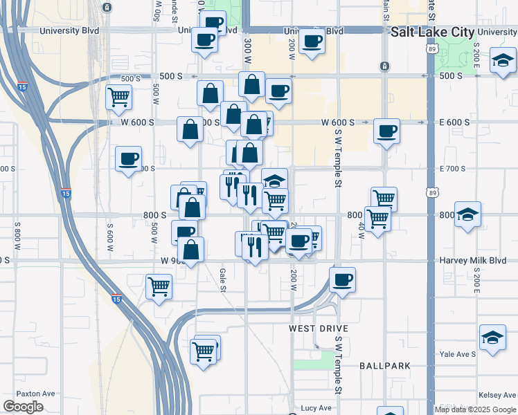 map of restaurants, bars, coffee shops, grocery stores, and more near in Salt Lake City