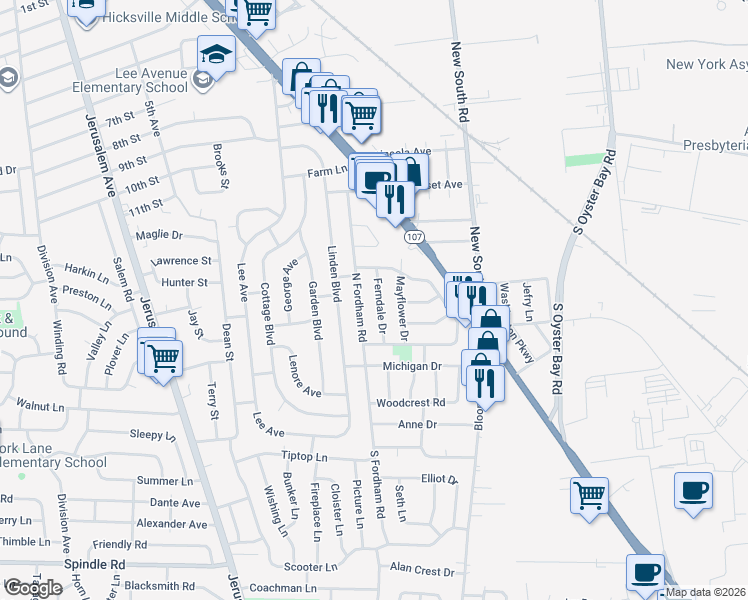 map of restaurants, bars, coffee shops, grocery stores, and more near 53 North Fordham Road in Hicksville