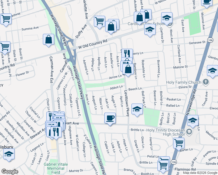 map of restaurants, bars, coffee shops, grocery stores, and more near 40 Abbot Lane in Hicksville