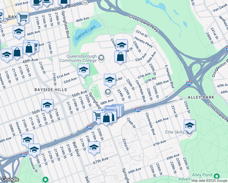 map of restaurants, bars, coffee shops, grocery stores, and more near 57-24 224th Street in Queens
