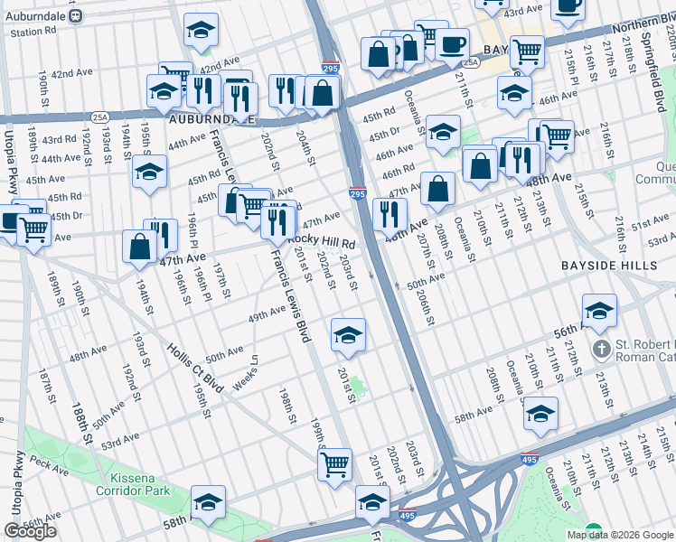 map of restaurants, bars, coffee shops, grocery stores, and more near 48-15 202nd Street in Queens