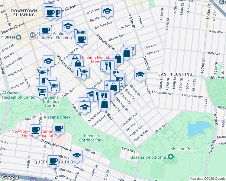 map of restaurants, bars, coffee shops, grocery stores, and more near 4556 Robinson Street in Queens
