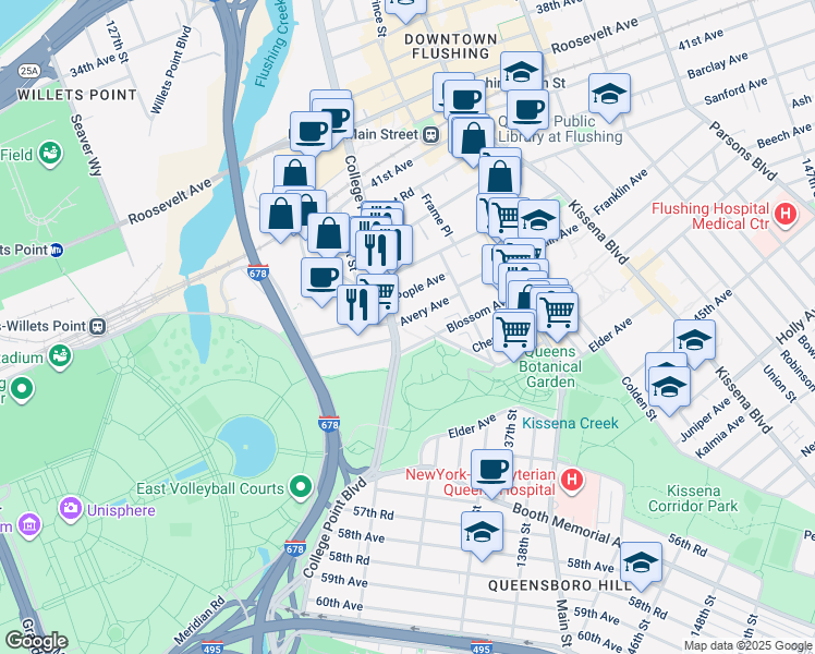 map of restaurants, bars, coffee shops, grocery stores, and more near 42-60 Crommelin Street in Queens