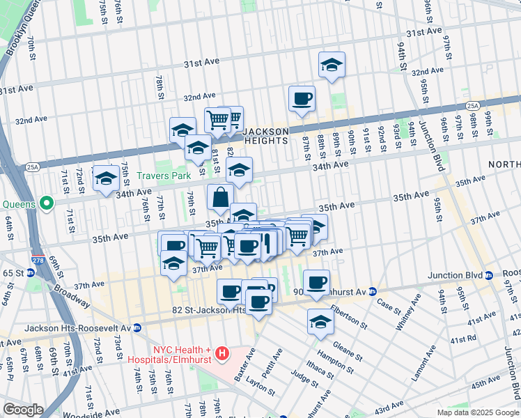 map of restaurants, bars, coffee shops, grocery stores, and more near 8215 35th Avenue in Queens