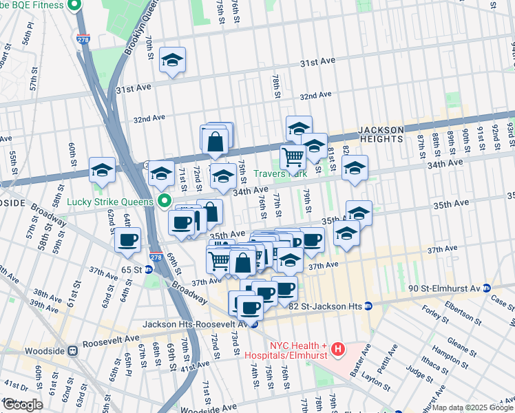 map of restaurants, bars, coffee shops, grocery stores, and more near 34-34 75th Street in Queens