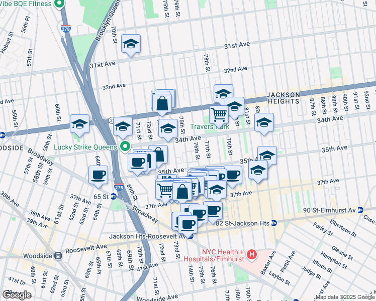 map of restaurants, bars, coffee shops, grocery stores, and more near 34-34 75th Street in Queens