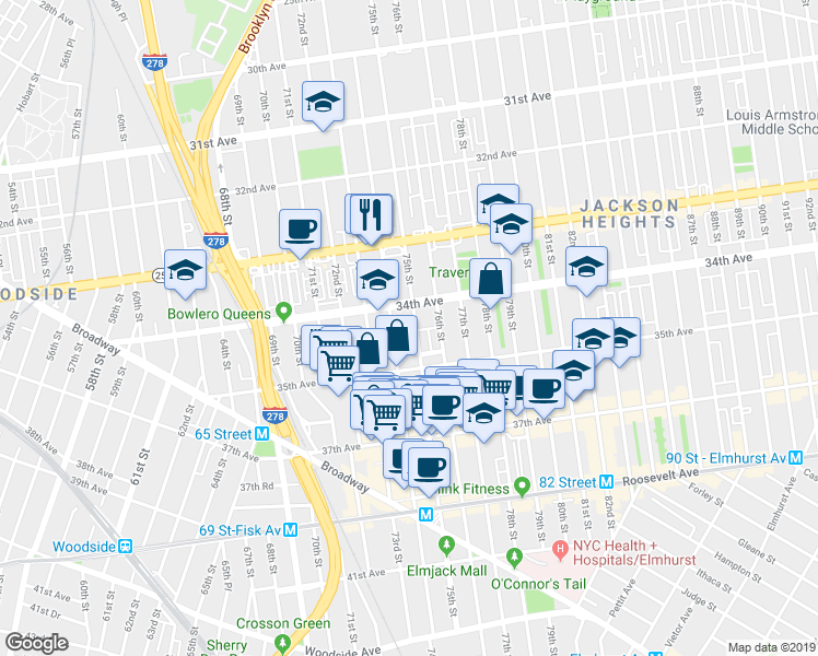 map of restaurants, bars, coffee shops, grocery stores, and more near 34-34 75th Street in Queens