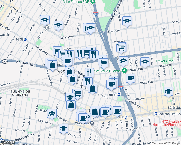 map of restaurants, bars, coffee shops, grocery stores, and more near 33-61 60th Street in Queens