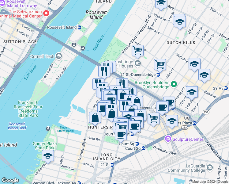 map of restaurants, bars, coffee shops, grocery stores, and more near 10-13 43rd Avenue in Queens