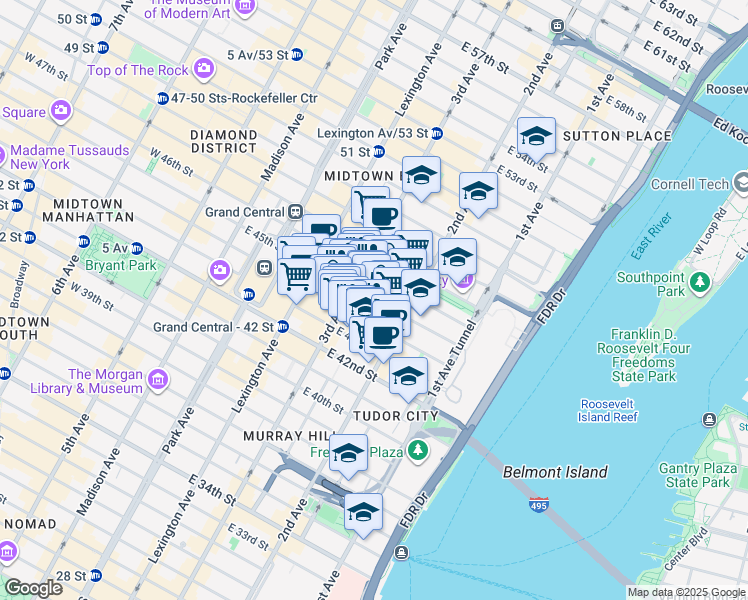 map of restaurants, bars, coffee shops, grocery stores, and more near 685 3rd Avenue in New York
