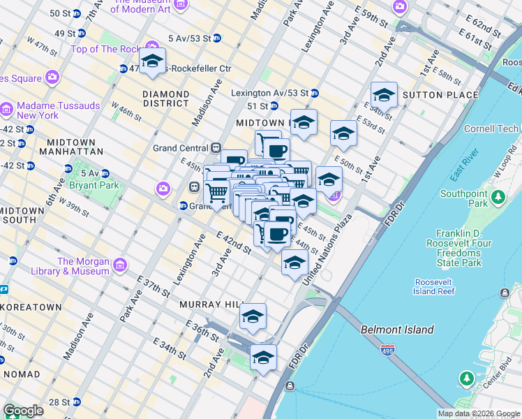 map of restaurants, bars, coffee shops, grocery stores, and more near 685 3rd Avenue in New York