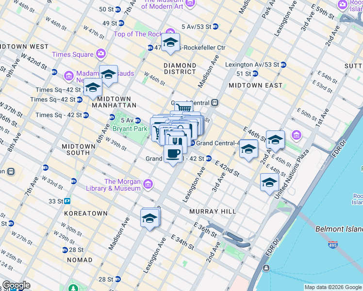 map of restaurants, bars, coffee shops, grocery stores, and more near 47 East 42nd Street in New York