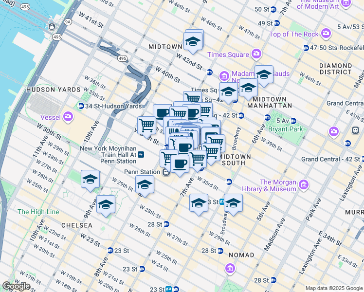 map of restaurants, bars, coffee shops, grocery stores, and more near 1 Pennsylvania Plaza in New York