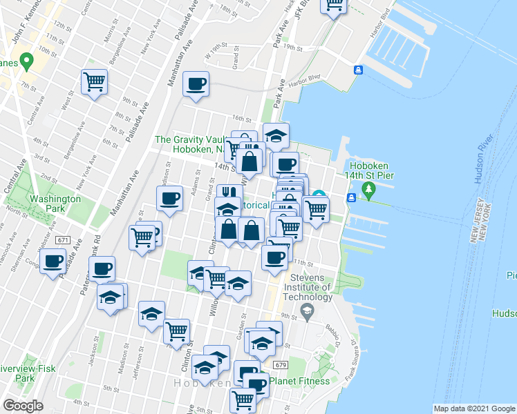 map of restaurants, bars, coffee shops, grocery stores, and more near 1208 Park Avenue in Hoboken