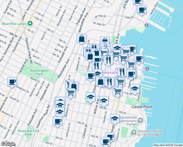map of restaurants, bars, coffee shops, grocery stores, and more near 1130 Grand Street in Hoboken