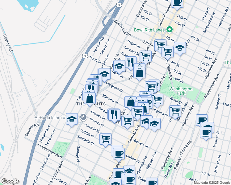 map of restaurants, bars, coffee shops, grocery stores, and more near 86 Paterson Street in Jersey City