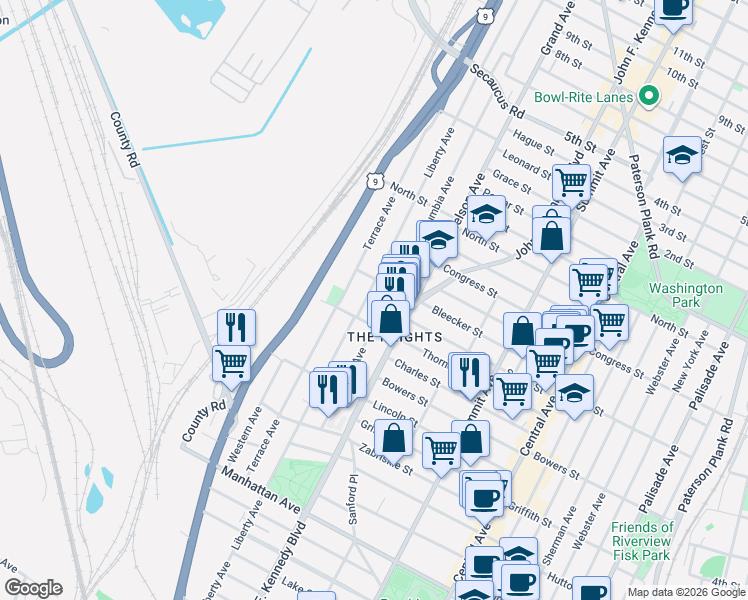 map of restaurants, bars, coffee shops, grocery stores, and more near 454 Liberty Avenue in Jersey City