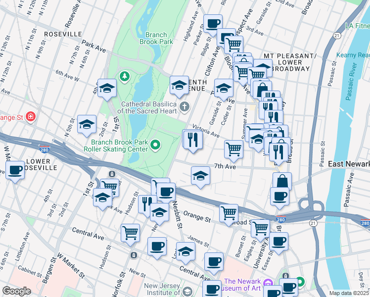 map of restaurants, bars, coffee shops, grocery stores, and more near 151 7th Avenue in Newark