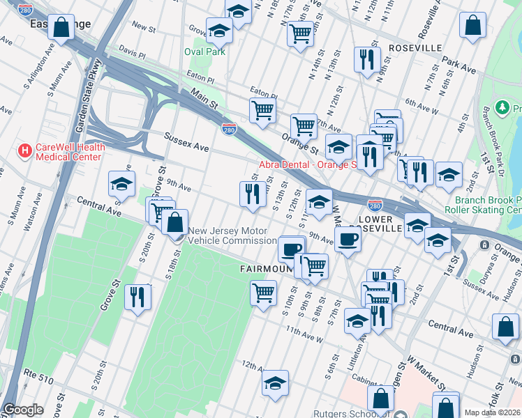 map of restaurants, bars, coffee shops, grocery stores, and more near in Newark
