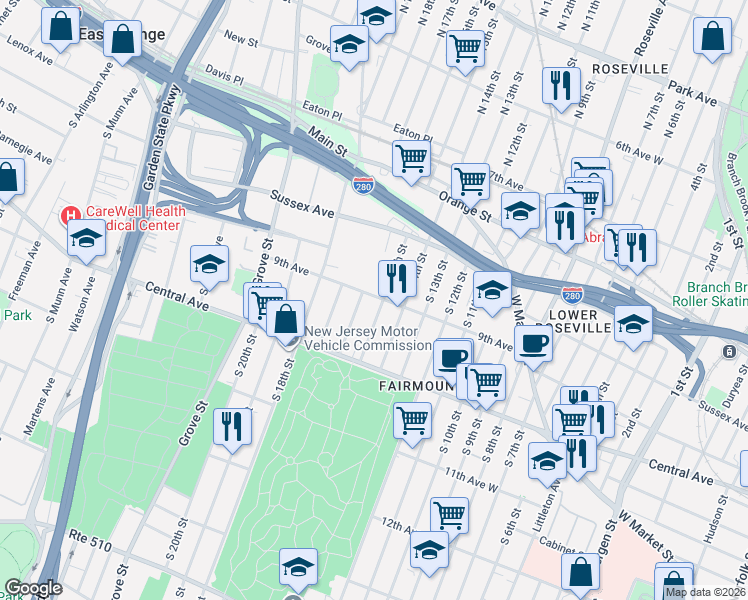 map of restaurants, bars, coffee shops, grocery stores, and more near 78 South 16th Street in East Orange