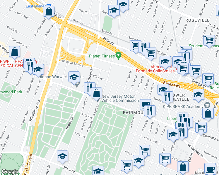 map of restaurants, bars, coffee shops, grocery stores, and more near 24 South 17th Street in East Orange