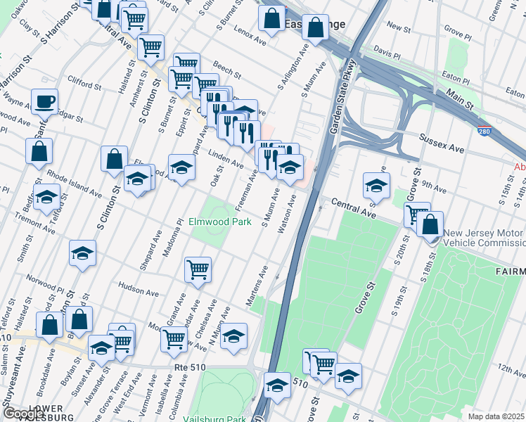 map of restaurants, bars, coffee shops, grocery stores, and more near 123 South Munn Avenue in East Orange