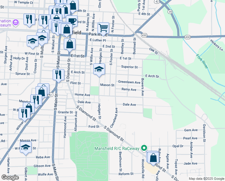 map of restaurants, bars, coffee shops, grocery stores, and more near 243 Home Avenue in Mansfield