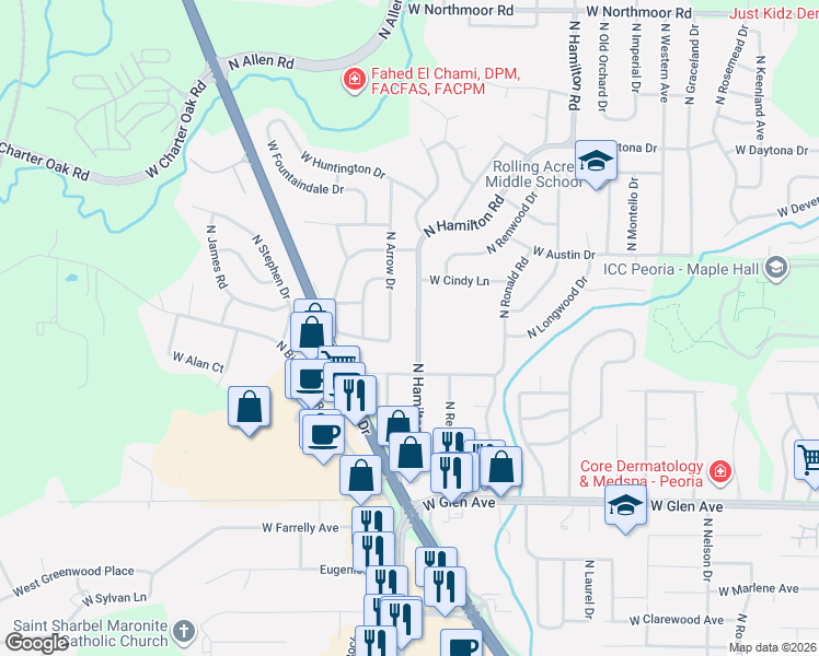 map of restaurants, bars, coffee shops, grocery stores, and more near 5225 North Hamilton Road in Peoria
