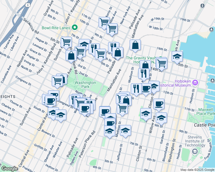 map of restaurants, bars, coffee shops, grocery stores, and more near 203 Manhattan Avenue in Union City